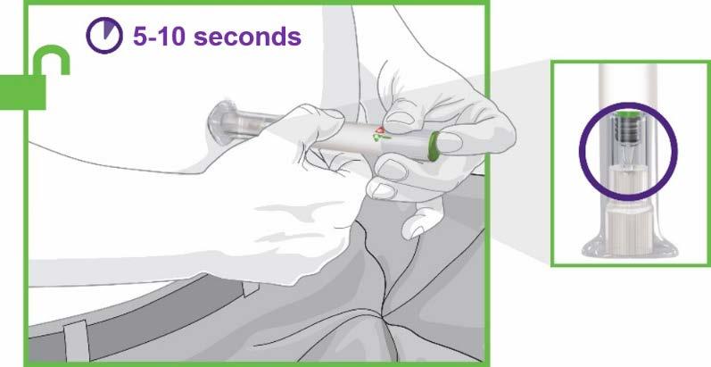 3. INDRUKKEN EN INGEDRUKT HOUDEN Druk de groene injectieknop in en houd deze ingedrukt; u hoort een luide klik.