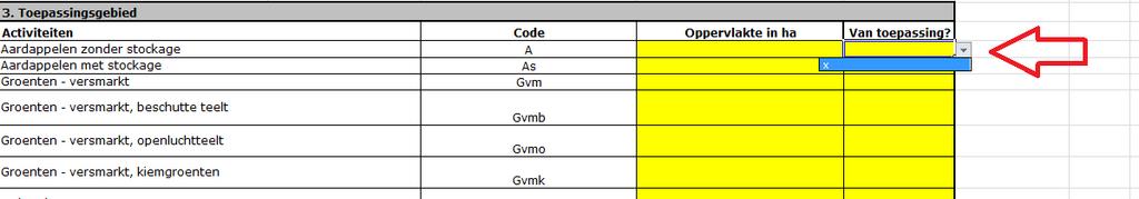 2.1.3. Toepassingsgebied In deze tabel selecteert u het type teelt in de kolom van toepassing?