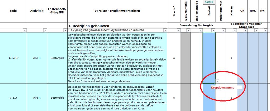 Bijvoorbeeld: code 4.1.16*.4.D/I.W betekent dat de eis toepasselijk is voor de Vegaplan Standaard (*), dat deze eis betrekking heeft op duurzaamheid (D) en op IPM (I) enkel in het Waalse Gewest (W).