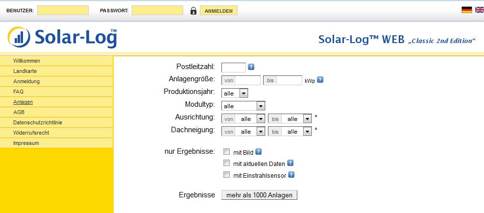 Solar-Log WEB gebruiken Bij Solar-Log TM WEB aanmelden Als u bij de aanmelding de optie Openbaar zichtbaar niet geselecteerd hebt, moet u zich op de internetsite van Solar-Log TM WEB aanmelden.