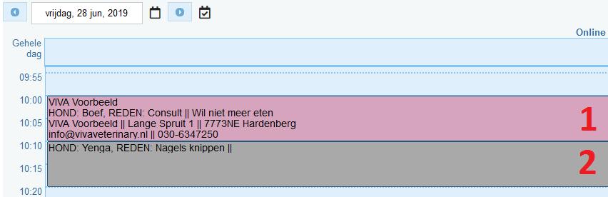 Hier ziet u dat VIVA Online de gegevens van de cliënt/het dier heeft gekoppeld aan de gemaakte afspraak. De tweede afspraak (2) is gemaakt via de website van de praktijk.