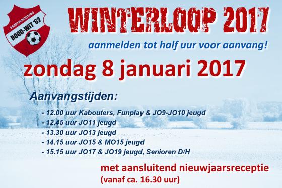 Winterloop en nieuwjaarsreceptie op zondag 8 januari 2017 Op zondag 8 januari 2017 organiseert Rood Wit 62 weer de traditionele winter/nieuwjaarsloop voor junioren en senioren.