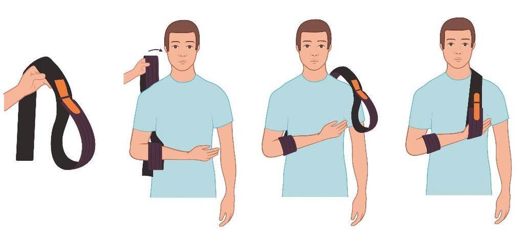 Instructies sling Afhankelijk van protocol, in overleg met de fysiotherapeut thuis. 1. Haal de onderarm door de lus. 2.