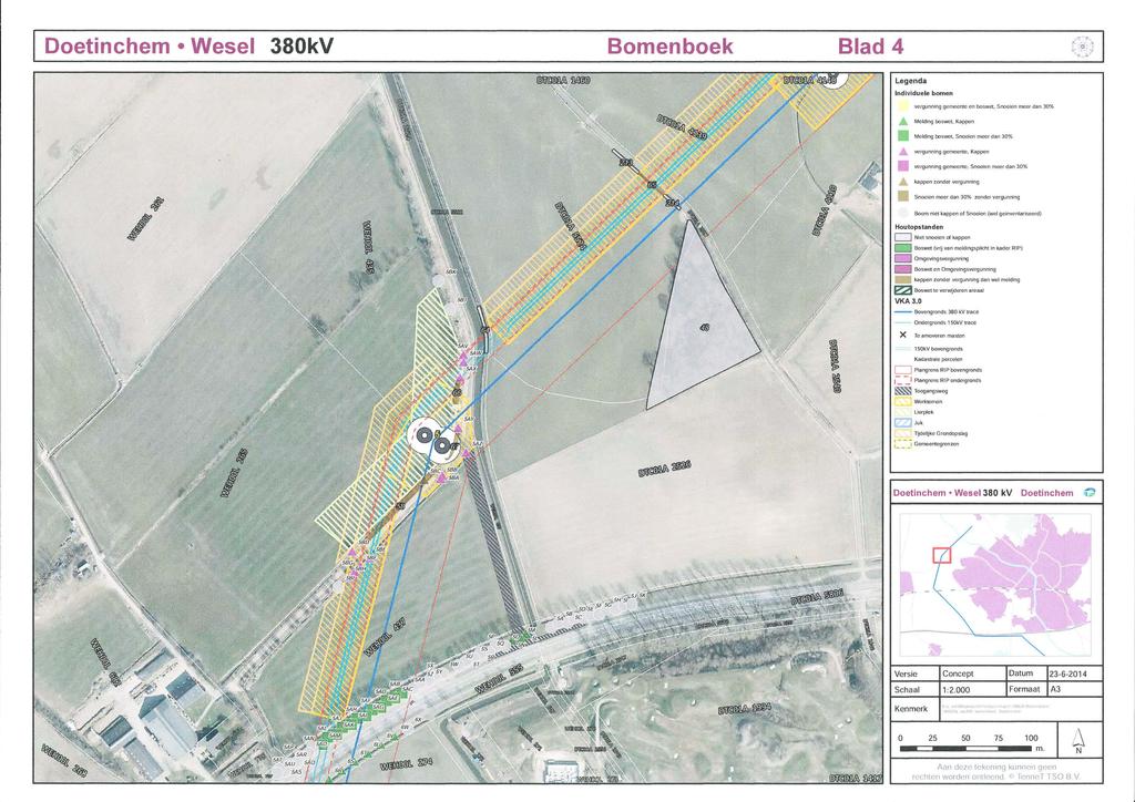 Doetinchem Wesel 380kV Bomenboek Blad 4 Legenda Individuele bomen vcrgunning gemeente en boswct, Snoeien meer dan 30% Melding boswct, Kappen 11 Melding boswct.