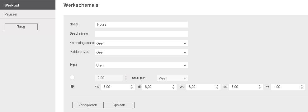 36 3 AAN DE SLAG MET TIMEMOTO CLOUD En dit is een voorbeeld van een Rooster voor iemand die 36 uur per week werkt met vooraf gedefinieerde uren per dag en vrij kan aankomen en vertrekken: 3.7.