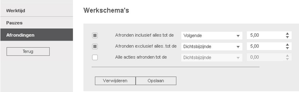 3 AAN DE SLAG MET TIMEMOTO CLOUD 37 3.7.2.2 PAUZES VOOR ROOSTERTYPE UREN Voor het roostertype Uren (gebaseerd op het aantal uren) trekt u pauzes automatisch af voor het aantal gewerkte uren.