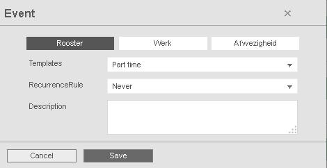 40 3 AAN DE SLAG MET TIMEMOTO CLOUD 3.8.2 SELECTEER EEN ROOSTER Door een Rooster te selecteren, kunt u de werktijden handmatig invoeren aan de hand van vooraf gedefinieerde Roosters.