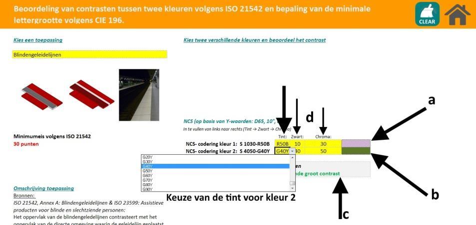 Daaronder wordt aangegeven of de gekozen combinatie voldoet aan het vooropgestelde contrast [c].