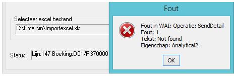 Indien er tijdens de verwerking een fout optreedt, zal in het tekstvak van het veld status (zie scherm) het lijnnummer van Excel en de account te zien zijn.