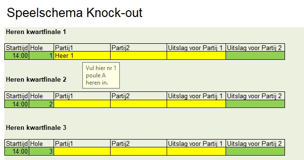 Verwerk de uitslagen van de halve finales (ronde 5) door bij de uitslag voor partij 1 een W of een V in te vullen en sla op 15.