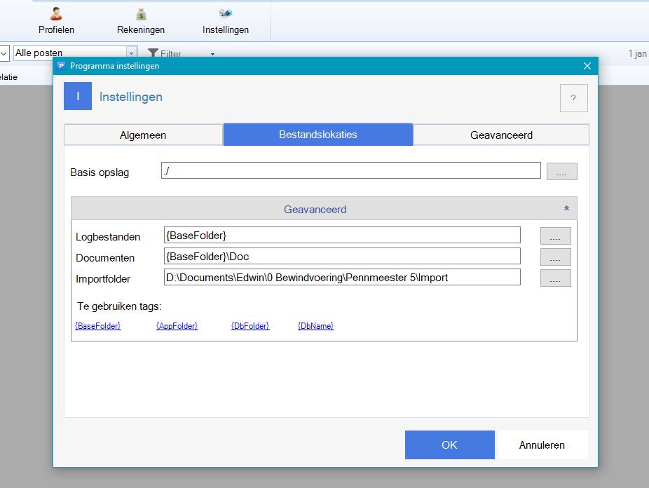 C:\Penningmeester5\Import Instellingen-Bestandslocaties Bij