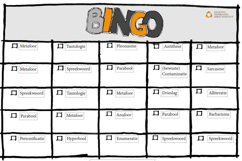 Oefening individueel Als je echt de bingo wilt spelen, kun je het bingoblad gebruiken waarop een aantal stijlfiguren genoemd is.