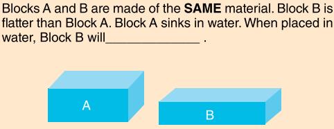 Vraag 4: Blokken A en B zijn gemaakt van hetzelfde material.blok B is platter dan Blok A. Blok A zinkt in het water.