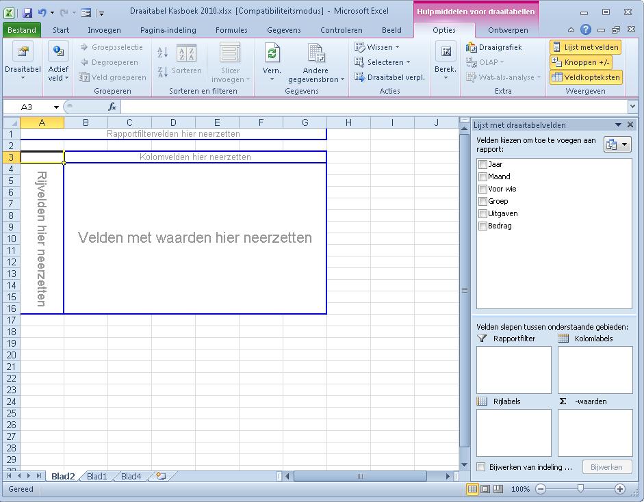 Na de opdracht Draaitabel krijgt u de instrumenten om deze te maken. Zo ziet het eruit als u de werkmap hebt opgeslagen als Excel 97-2003-werkmap.