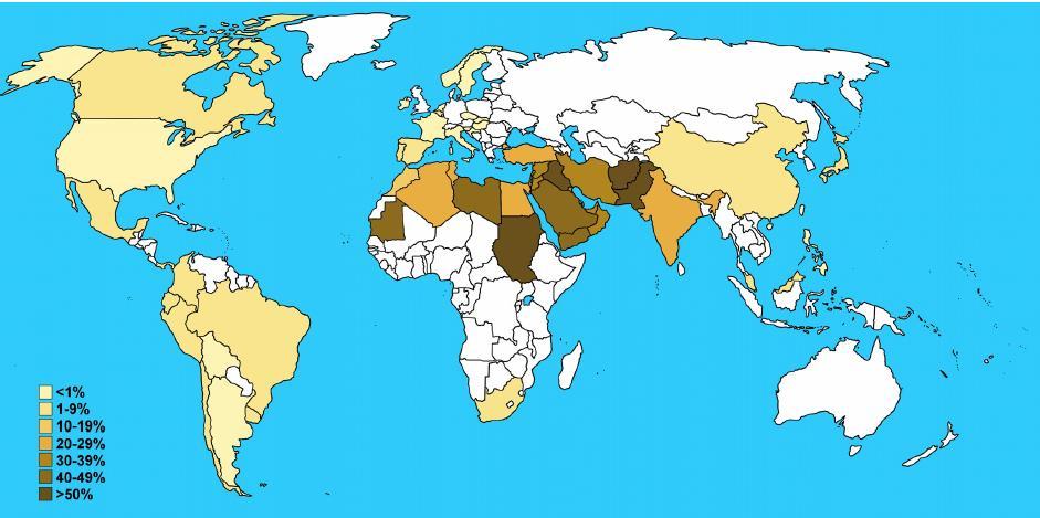 Consanguiniteit op wereldniveau percentage neef-nicht