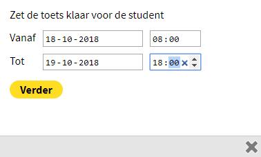 Het is ook mogelijk de toets langer dan 1 dag open te zetten en de tijdsrange waarbinnen een leerling kan starten met de