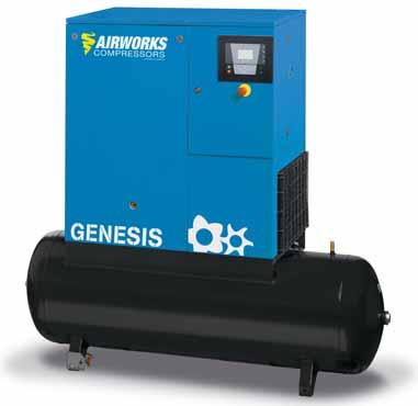 AIRWORKS GENESIS SCHROEFCOMPRESSOREN 5.5 TM 22 KW OP PERSLUCHTKETEL MET INGEBOUWDE KOELDROGER EN FILTER VAST TOERENTAL EN FREQUENTIE GEREGELD TECHNISCHE SPECIFICATIES: Spanning volt Vermogen 5.