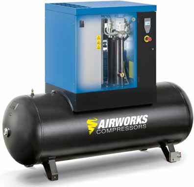 AIRWORKS SPINN SCHROEFCOMPRESSOREN OP HORIZONTALE PERSLUCHTKETEL De Airworks SPINN modellen onderscheiden zich door eenvoud, laag geluidsniveau en compacte bouw.