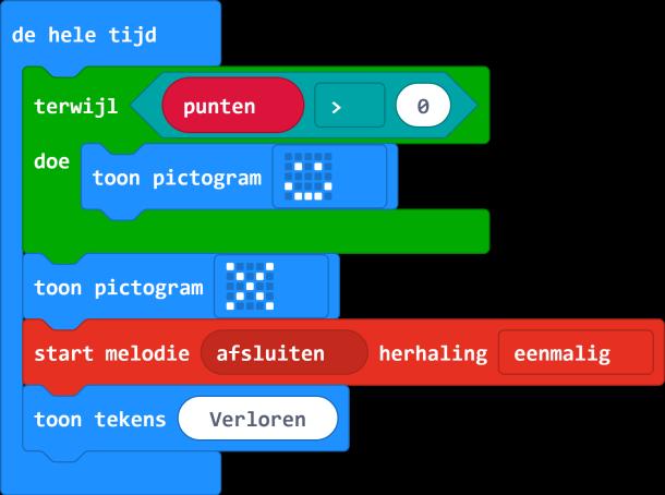 Uitleg van de code: Aan de bovenste 2 codeblokken is niets veranderd: die werken precies hetzelfde als bij de vorige code. Het blok De hele tijd is toegevoegd.