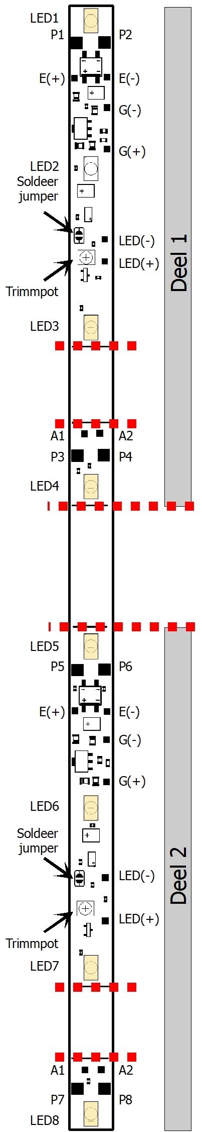 6. Bouwe va de iterieurverlichtig 6.1. Overzicht P1 P8 E(+) E(-) voedig extere bufferelco G(+) G(-) A1 A2 LED(-) LED(+) Goldcap of extere bufferelco voedig (reststuk) extra LEDs (b.v. sluitverlichtig) Ikorte va de iterieurverlichtig De prit ka op de gemarkeerde plaatse opgedeelt of igekort worde!