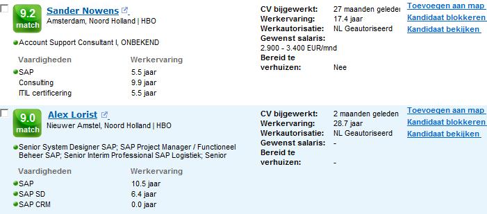 POWER CV SEARCH CV s BEKIJKEN 6 Na het uitvoeren van de zoekopdracht krijgt u een overzicht van CV s die voldoen aan uw zoekopdracht.