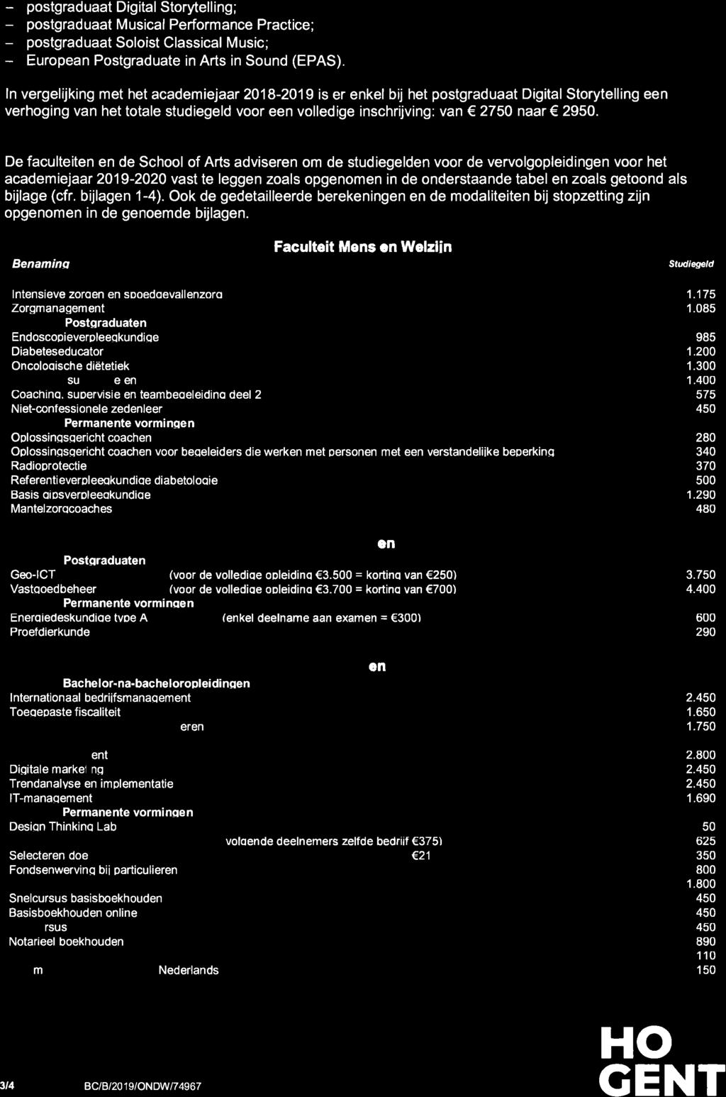 De faculteiten en de School of Arts adviseren om de studiegelden voor de vervolgopleidingen voor het academiejaar 2019-2020 vast te leggen zoals opgenomen in de onderstaande tabel en zoals getoond