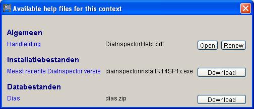Klik op de button in de taakbalk van de DiaInspector of selecteer DiaInspector help onder de Help -tab van het menu om het helpcenter te