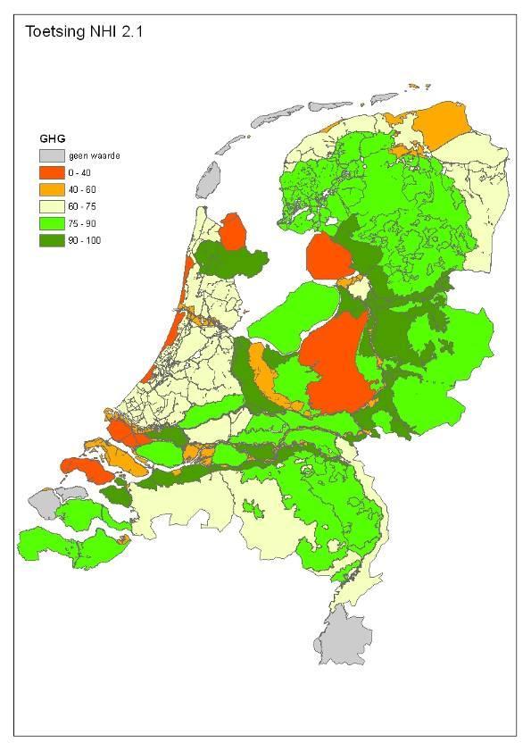 Figuur 2.4 Percentage van de freatische grondwaterstanden die voldoen aan het criterium voor GLG Figuur 2.
