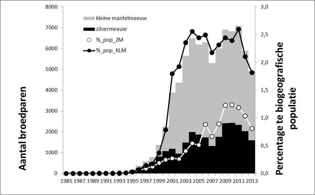 Figuur 1: de ontwikkeling van de broedpopulatie van zilvermeeuw en kleine mantelmeeuw in Vlaanderen in de periode 1960-2013 (balken).