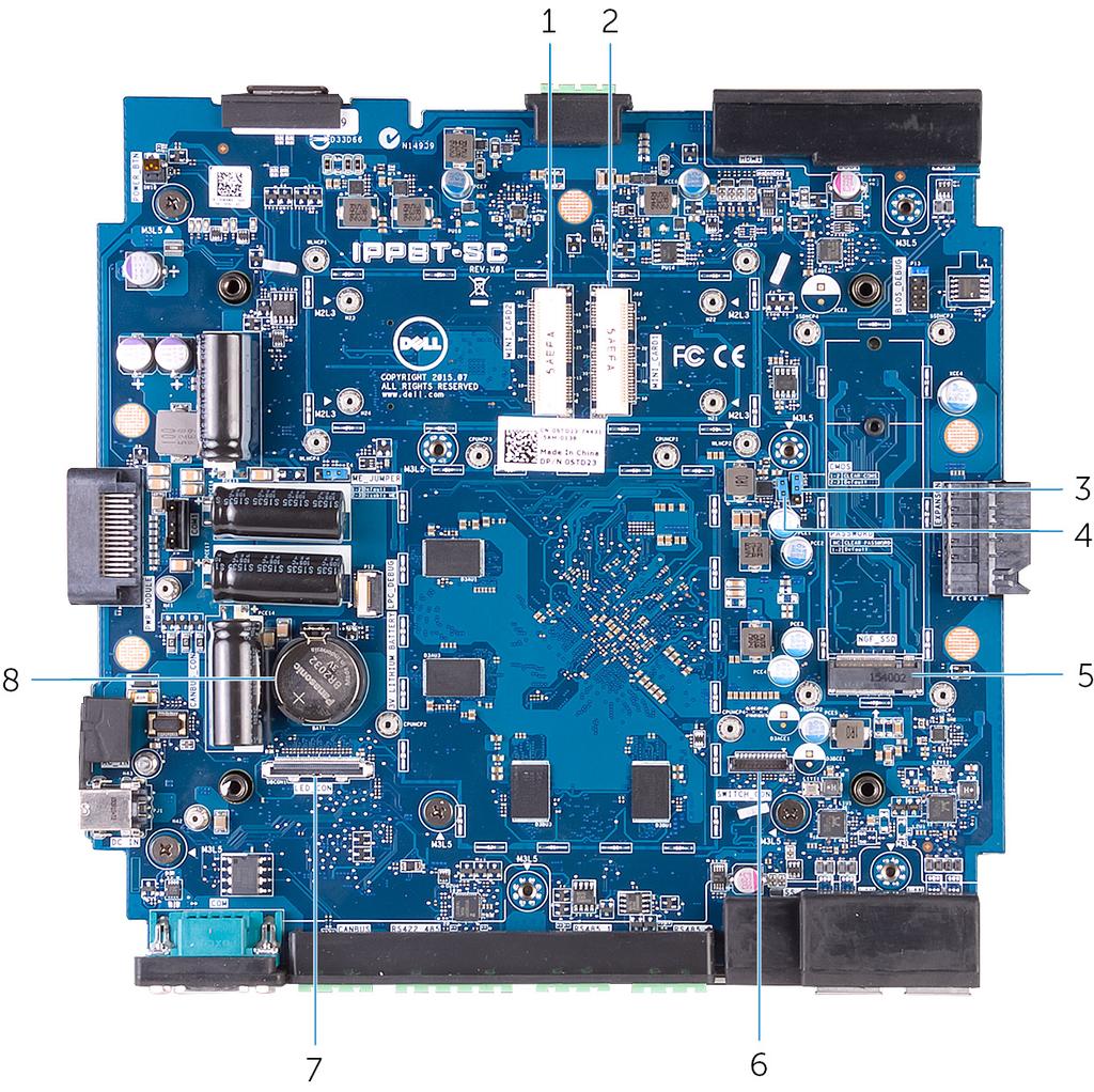 Technisch overzicht 3 Onderdelen van het moederbord 1. mobiele breedbandconnector (MINI_CARD2) 2. draadloze kaartconnector (MINI_CARD1) 3. CMOS-resetjumper (CMOS) 4.