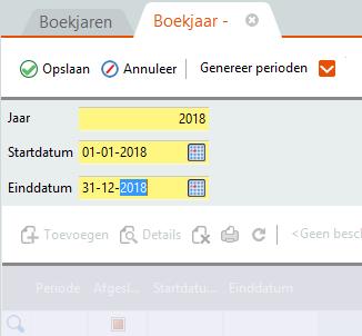 Nadat het boekjaar is aangemaakt moeten de perioden worden gegenereerd. Dit kan met de workflow button binnen het Boekjaar venster.