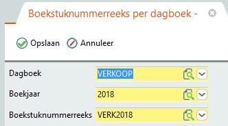 Met de toevoegen knop kunt u een nieuwe combinatie toevoegen: Hier vult u het gewenste dagboek, boekjaar en boekstuknummerreeks in.