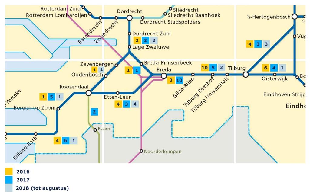 Zelfdodingen door aanrijdingen met een trein Het aantal zelfdodingen door aanrijdingen tussen trein en persoon hebben we in kaart gebracht voor de regio West-Brabant, voor de jaren 2016, 2017 en 2018