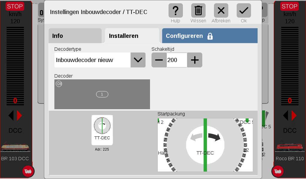 Onder instellingen inbouwdecoder kiest men voor Inbouwdecoder nieuw. De reeds ingestelde Schakeltijd van 200 mag niet worden veranderd. Bevestig de instellingen vervolgens met OK.