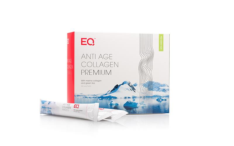 EQ Anti age collagen Premium 25% van de lichaamseiwitten bestaan uit collageen. Als men ouder wordt, vermindert het aantal collageen en rimpels verschijnen.