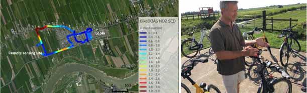 16 Figuur 9: Voorbeeld van metingen in de nabije omgeving van Cabauw met een min of meer recht omhoog kijkende DOAS die op een fiets was gemonteerd. Verschillen in NO 2 zijn duidelijk zichtbaar.