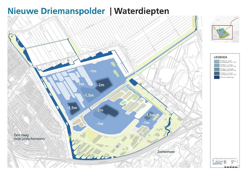 Figuur 6. Waterdiepten van de Nieuwe Driemanspolder. Van de 300 ha wordt 144 ha water (Bron: https://www.n3mp.nl/).