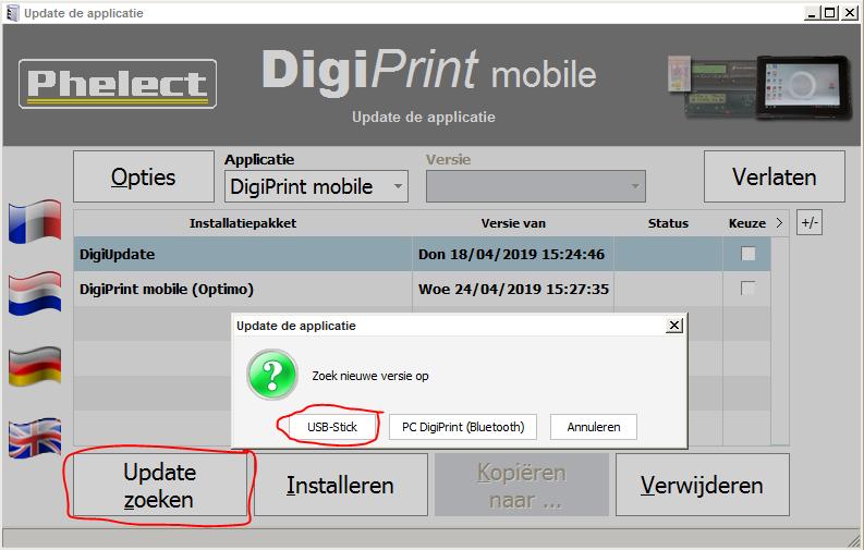 - Klik vervolgens op de knop «Update zoeken», dan op de knop «USB-Stick», kies de usb-stick met het/de installatiepakket(ten); - Vink (Keuze) de updates aan die u wilt uitvoeren en klik dan op