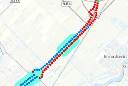 Figuur 3-10 Overzicht knelpunten GPP-waarden ter plaatse van de wegaanpassing in alternatief 1 Hier is te zien dat de verschuiving van de wegas in zuidoostelijke richting ervoor zorgt dat er aan die