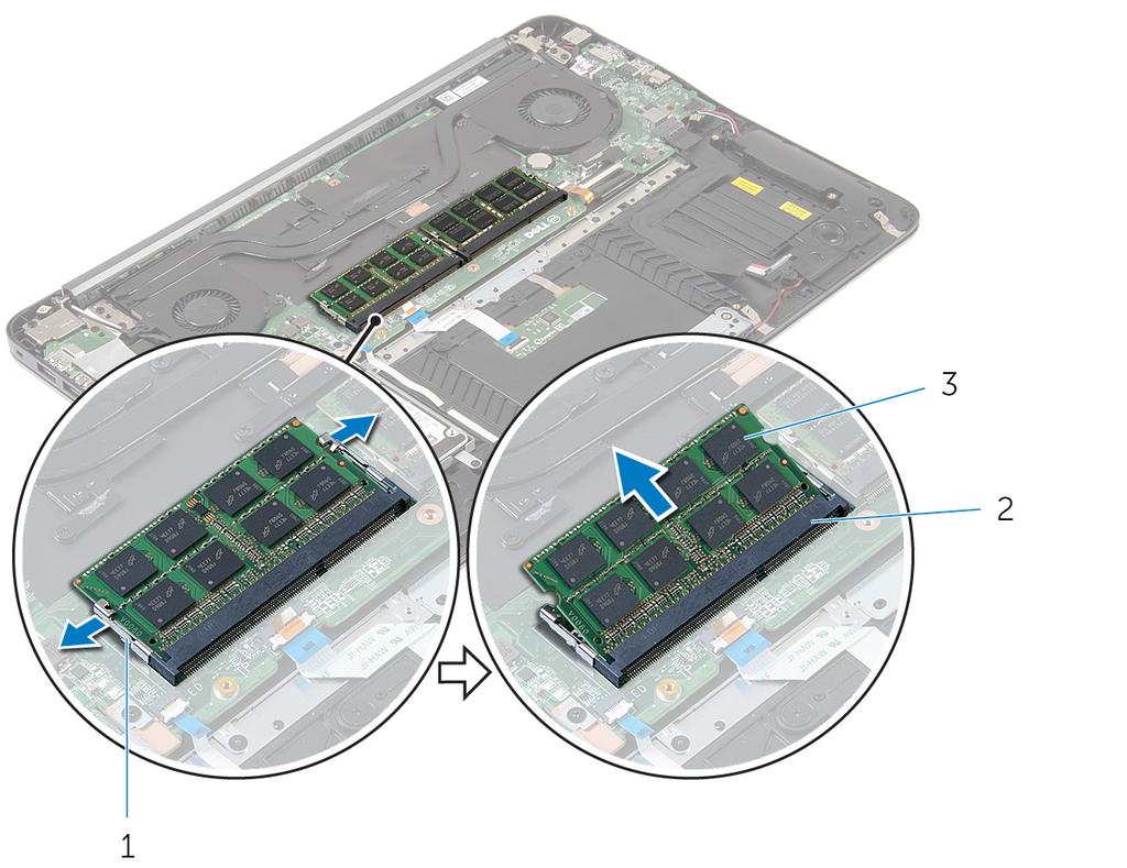 3 Verwijder de geheugenmodule uit de sleuf.