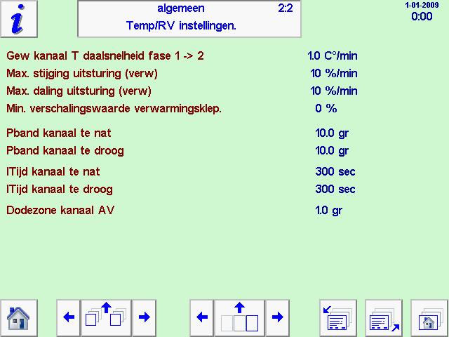 Instelling voor de snelheid waarmee de gewenste kanaaltemp aangepast wordt bij het overschakelen van fase 1 naar fase 2. Instelling voor de maximum snelheid waarmee de verwarmingssturing mag stijgen.