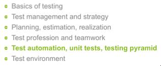 Test automation, unit tests, testing pyramid vermoeden Test automation costs too much time or effort. There are no or few unit tests. There are no or hardly any automated tests.