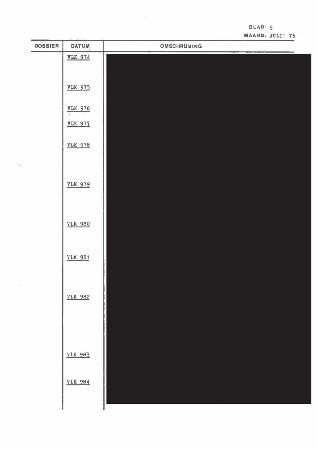 . VLK 974 OMSCHRIJ ~ING BUW 5 MAAND: JULI' 75 VLK 975 VLK 976