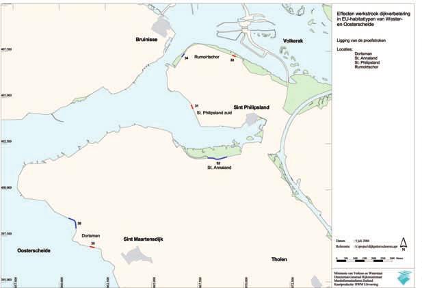 Kaart 3: Situering van de onderzochte proefstroken in het noordoostelijke deel van de Oosterschelde.