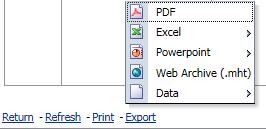 Door op Export te klikken kan de gebruiker de gegevens uit de overzichtslijst downloaden in een van de in de onderstaande tabel weergegeven bestandsformaten: Exportcategorie Exportoptie Soort bestand
