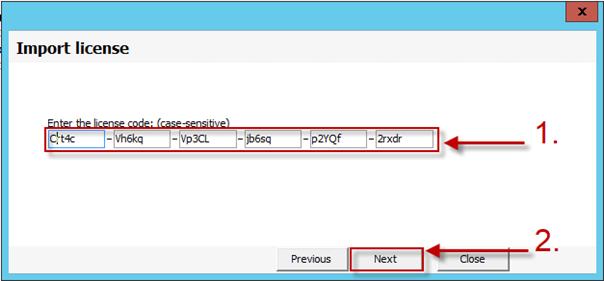 Voer de licentiecode in (1). Let op: Ook deze code moet exact overgenomen worden en is hoofdlettergevoelig. Klik op Next (2).