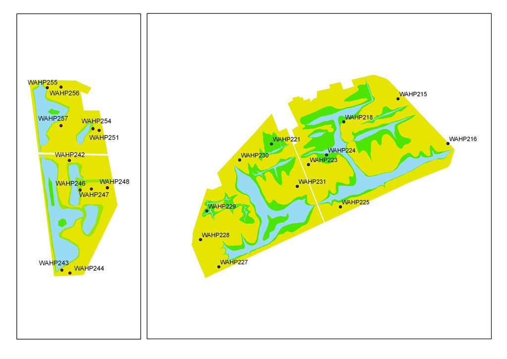 Figuur 4: situering van de nieuwe peilpunten. Links: Putten West, rechts Doelpolder Noord. Blauw: water, groen: afgegraven, geel oorspronkelijk maaiveld. Contouren zijn indicatief.