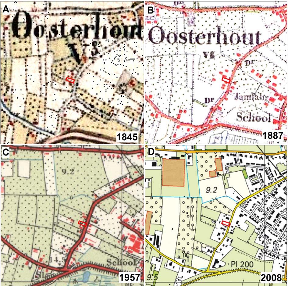 Archeologische onderzoek Peperstraat, Oosterhout, Gemeente Overbetuwe ArcheoPro Rapport, 11076, Pagina 17 Figuur 11 toont achtereenvolgens topografische kaarten van het onderzoeksgebied uit 1845,