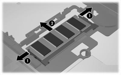 b. Pak de rand van de geheugenmodule (2) en trek de module voorzichtig uit het compartiment. (Bewaar de geheugenmodule na verwijdering in een antistatische verpakking om deze te beschermen.) 12.
