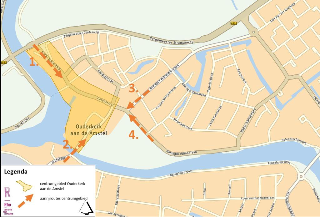 6. Aanrijroutes centrumgebied Ouderkerk aan de Amstel Er zijn 4 aanrijroutes richting het centrumgebied: 1. Vanuit noordwestelijke richting, via de Burgemeester Stramanweg Hoger Eind-Zuid Dorpsstraat.
